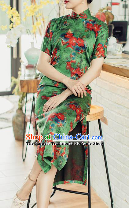 Republic of China Classical Printing Green Cheongsam Traditional Gambiered Guangdong Gauze Qipao Dress Costume