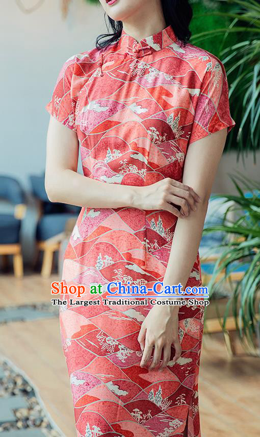 Republic of China Classical Printing Cheongsam Traditional Young Lady Red Qipao Dress Costume
