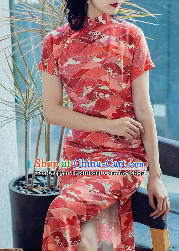 Republic of China Classical Printing Cheongsam Traditional Young Lady Red Qipao Dress Costume