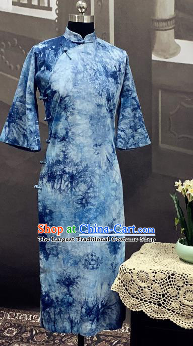Republic of China Young Lady Cheongsam Costume Traditional Tie Dye Blue Flax Qipao Dress