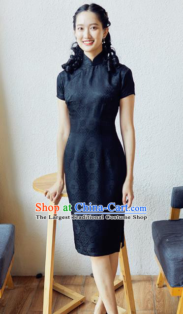 Republic of China Stand Collar Cheongsam Costume Traditional Stage Performance Black Silk Short Qipao Dress