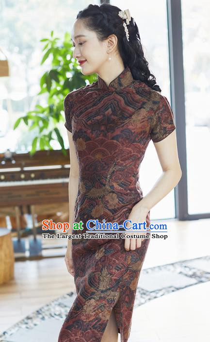 Republic of China Traditional Stage Performance Brown Silk Qipao Dress Classical Waves Pattern Short Cheongsam Costume