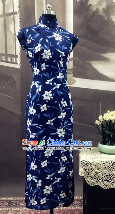 Republic of China Classical Printing Blue Chiffon Cheongsam Costume Traditional Film Lust or Love Tang Wei Qipao Dress