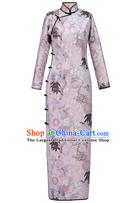 Chinese Traditional Printing Pink Cheongsam National Shanghai Lady Costume Classical Qipao Dress