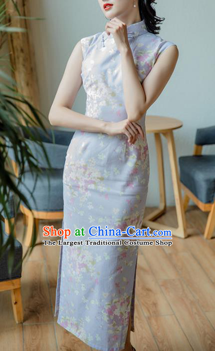 Republic of China Young Woman Cheongsam Costume Traditional Printing Lilac Flax Qipao Dress