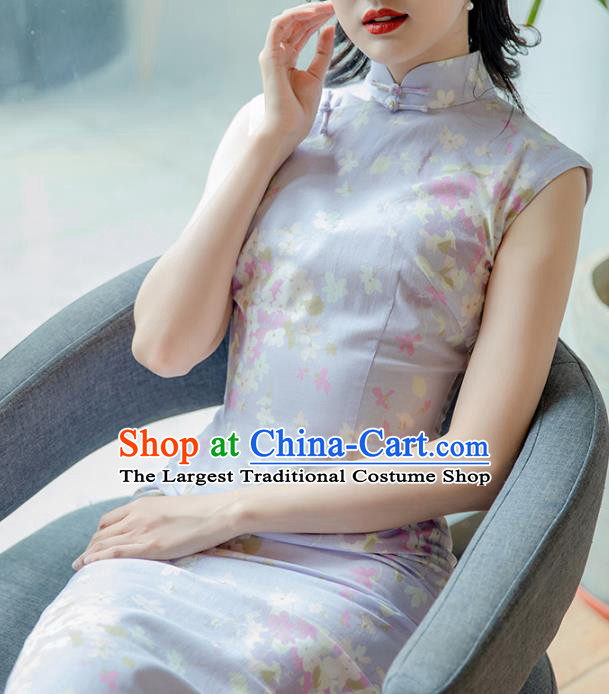 Republic of China Young Woman Cheongsam Costume Traditional Printing Lilac Flax Qipao Dress