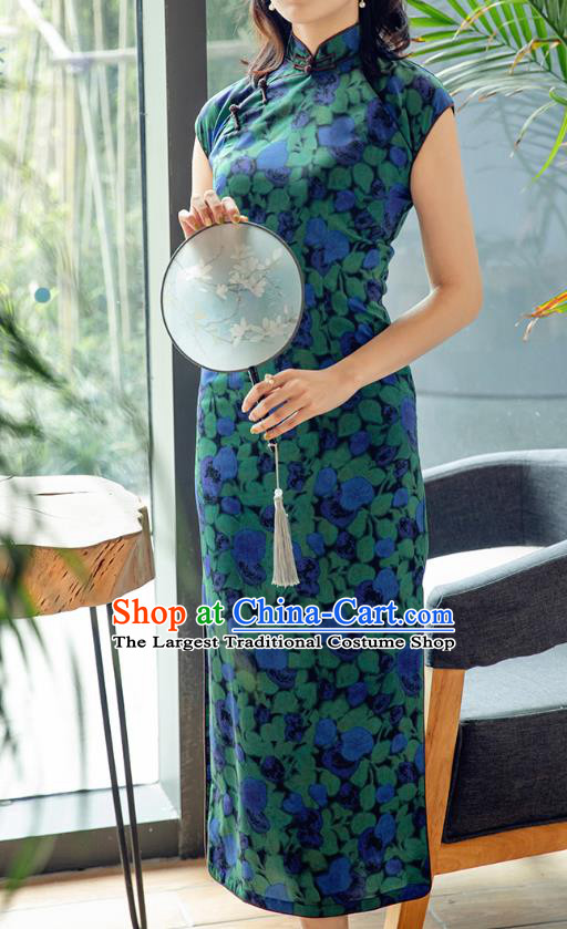 Republic of China Printing Chiffon Cheongsam Costume Traditional Minguo Old Shanghai Qipao Dress