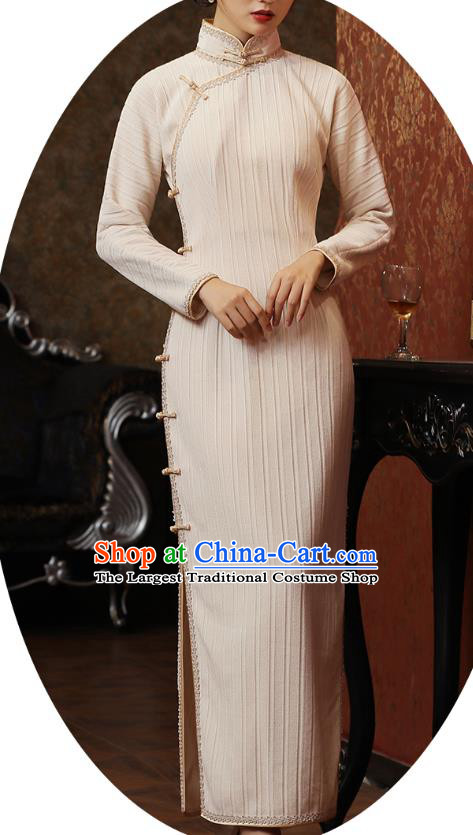Chinese Traditional Young Lady Cheongsam National Old Shanghai Costume Classical Beige Qipao Dress