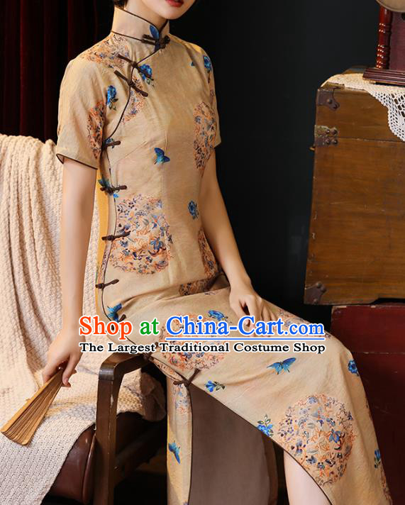 Chinese Traditional Printing Apricot Cheongsam National Shanghai Young Lady Costume Classical Stand Collar Qipao Dress