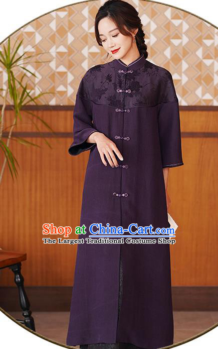 China Traditional Tang Suit Purple Silk Dust Coat National Gambiered Guangdong Gauze Outer Garment