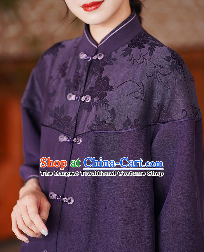 China Traditional Tang Suit Purple Silk Dust Coat National Gambiered Guangdong Gauze Outer Garment