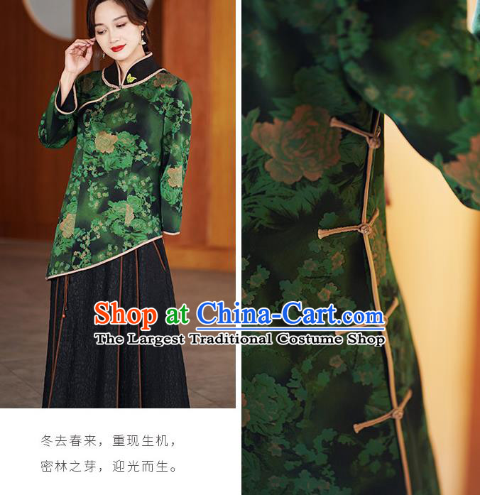 China National Gambiered Guangdong Gauze Shirt Traditional Tang Suit Green Silk Blouse