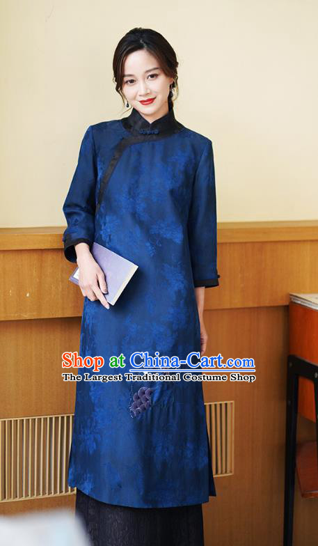 Chinese Traditional Gambiered Guangdong Gauze Costume Classical Cheongsam Classical Blue Silk Qipao Dress