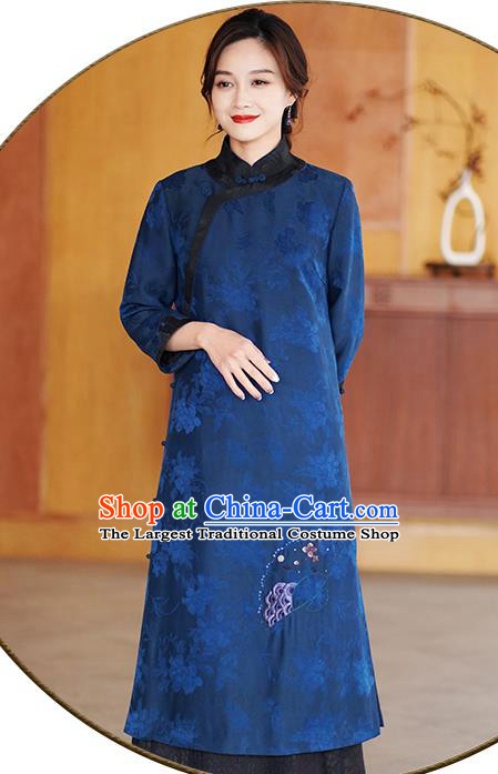 Chinese Traditional Gambiered Guangdong Gauze Costume Classical Cheongsam Classical Blue Silk Qipao Dress