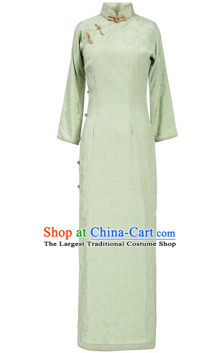 Chinese Traditional Light Green Flax Cheongsam Classical Qipao Dress National Shanghai Lady Costume