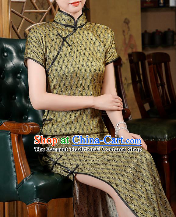 Chinese Classical Golden Silk Qipao Dress National Shanghai Woman Costume Traditional Slant Opening Cheongsam