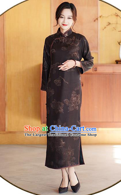 Chinese Classical Brown Silk Qipao Dress Traditional Gambiered Guangdong Gauze Costume Cheongsam