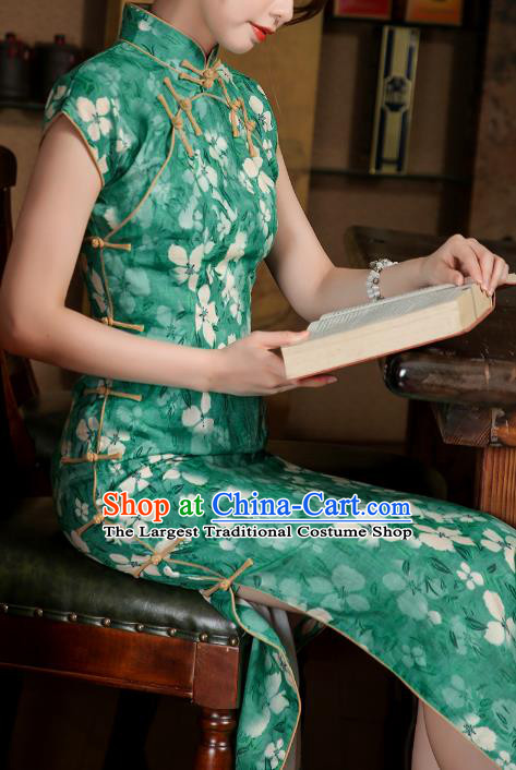 Chinese Classical Young Lady Qipao Dress Traditional Printing Green Ramie Cheongsam Clothing