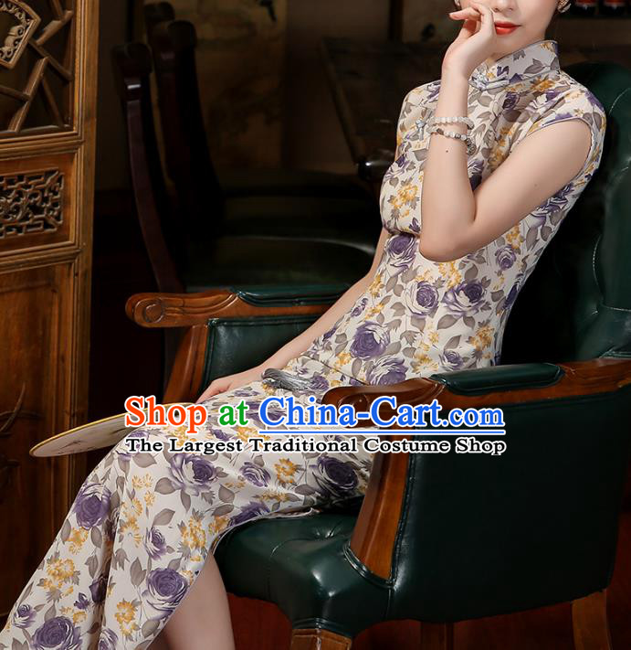 Chinese Classical Dance Qipao Dress Traditional Shanghai Printing Chiffon Cheongsam Clothing