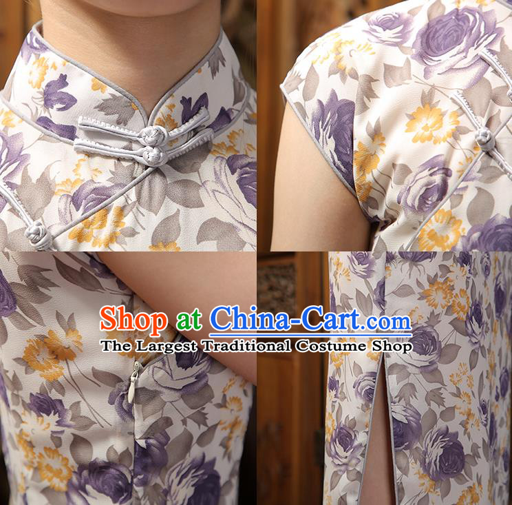 Chinese Classical Dance Qipao Dress Traditional Shanghai Printing Chiffon Cheongsam Clothing