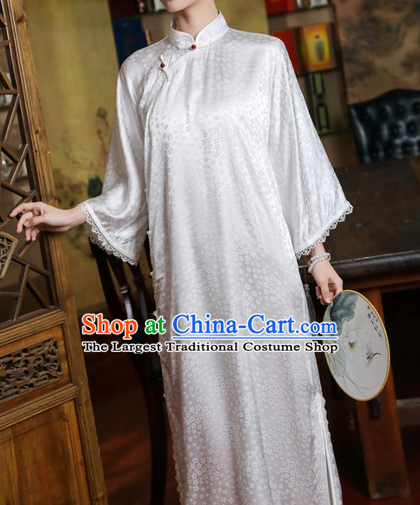 Chinese Classical Plum Pattern Qipao Dress Traditional Shanghai Mandarin Sleeve White Silk Cheongsam Clothing