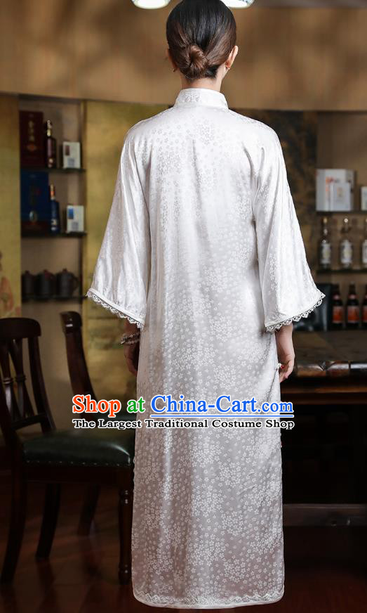 Chinese Classical Plum Pattern Qipao Dress Traditional Shanghai Mandarin Sleeve White Silk Cheongsam Clothing