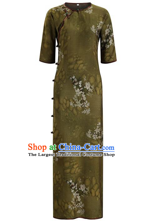 Chinese Traditional Olive Green Tencel Cheongsam Clothing Classical Printing Pear Blossom Qipao Dress