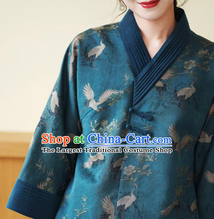 China National Female Outer Garment Traditional Tang Suit Blue Brocade JacketChina National Female Outer Garment Traditional Tang Suit Blue Brocade Jacket