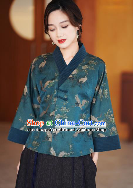 China National Female Outer Garment Traditional Tang Suit Blue Brocade Jacket