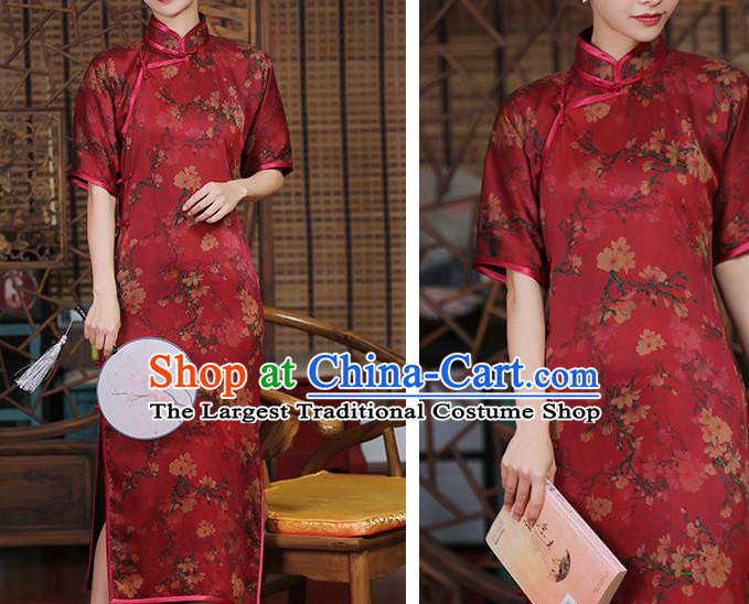 Chinese Traditional Shanghai Silk Cheongsam Clothing Classical Red Gambiered Guangdong Gauze Qipao Dress