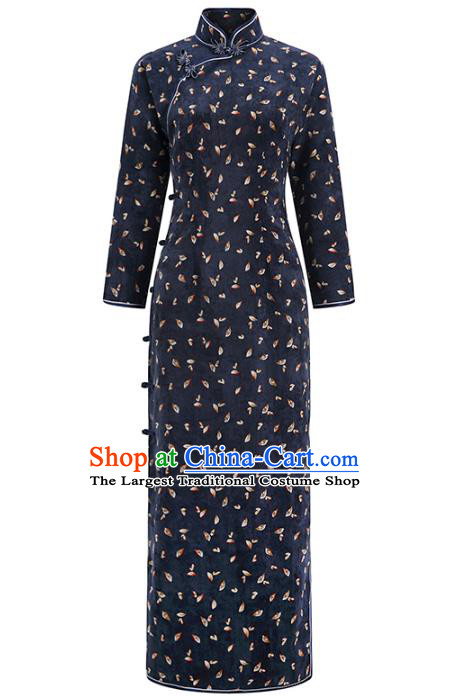 Chinese Traditional Clothing Classical Dance Cheongsam Classical Navy Corduroy Qipao Dress