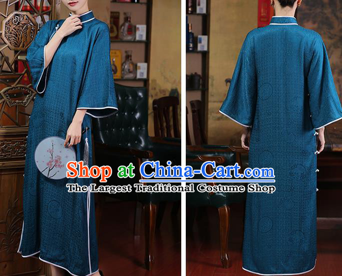 Chinese Traditional Mandarin Sleeve Cheongsam Clothing Classical Blue Silk Qipao Dress