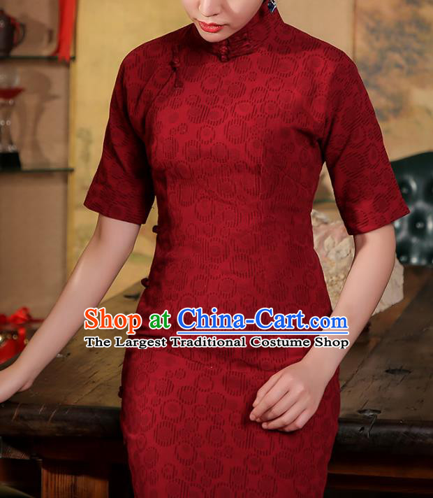 Chinese Classical Jacquard Cheongsam Catwalks Clothing Traditional Wine Red Flax Qipao Dress