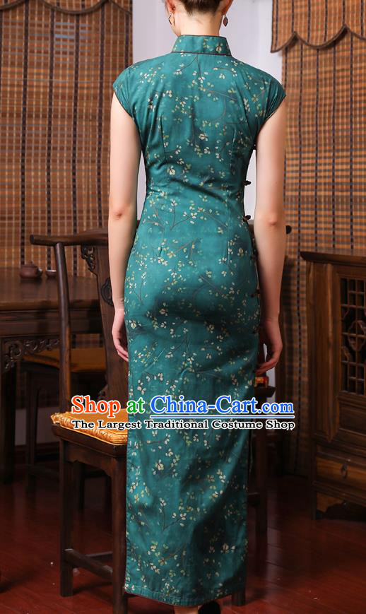 Chinese Classical Cheongsam Old Shanghai Woman Clothing Traditional Printing Deep Green Ramie Qipao Dress