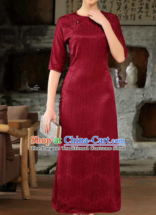 Chinese Woman Catwalks Clothing Classical Slant Opening Cheongsam Traditional Wine Red Tencel Qipao Dress