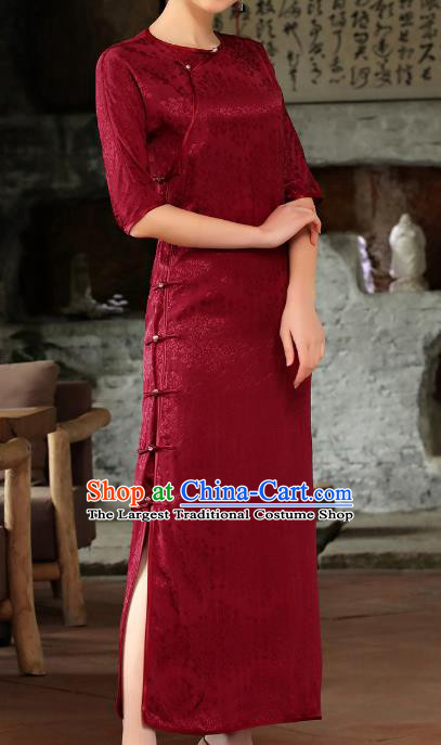 Chinese Woman Catwalks Clothing Classical Slant Opening Cheongsam Traditional Wine Red Tencel Qipao Dress
