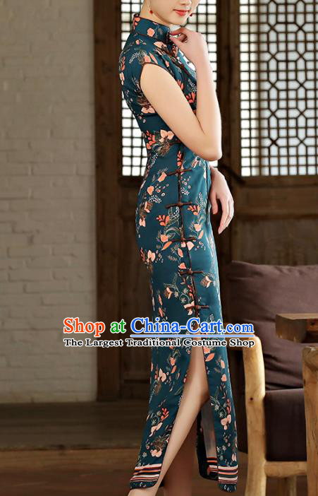 Chinese Classical Printing Atrovirens Chiffon Cheongsam Traditional Slant Opening Qipao Dress Woman Catwalks Clothing