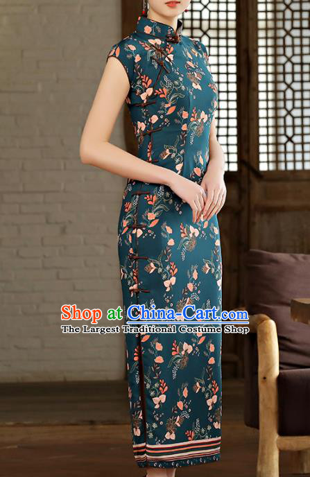 Chinese Classical Printing Atrovirens Chiffon Cheongsam Traditional Slant Opening Qipao Dress Woman Catwalks Clothing