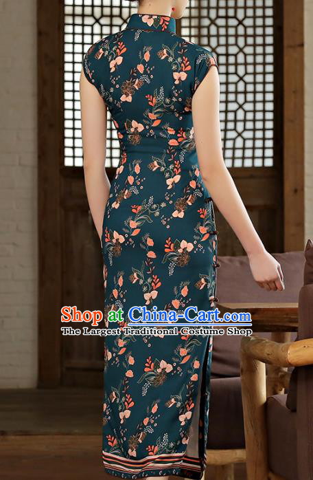 Chinese Classical Printing Atrovirens Chiffon Cheongsam Traditional Slant Opening Qipao Dress Woman Catwalks Clothing