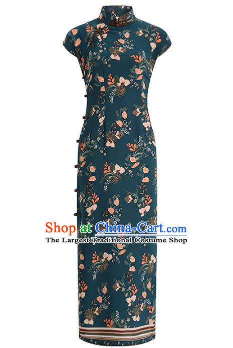 Chinese Classical Printing Atrovirens Chiffon Cheongsam Traditional Slant Opening Qipao Dress Woman Catwalks Clothing