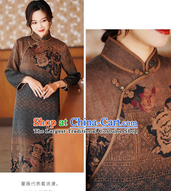 Chinese Classical Printing Brown Silk Qipao Dress Traditional Gambiered Guangdong Gauze Cheongsam