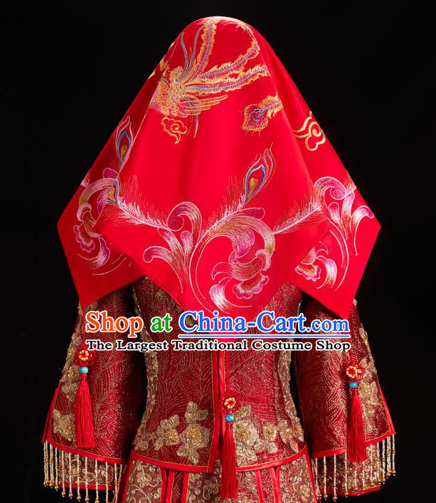 China Xiuhe Suit Red Satin Kerchief Traditional Wedding Headwear Embroidered Phoenix Bridal Veil