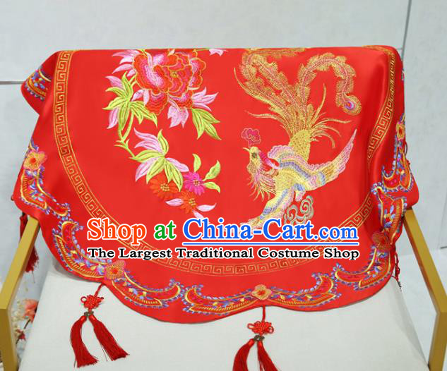China Traditional Wedding Xiuhe Suit Headdress Embroidery Dragon Phoenix Red Bridal Veil Kerchief