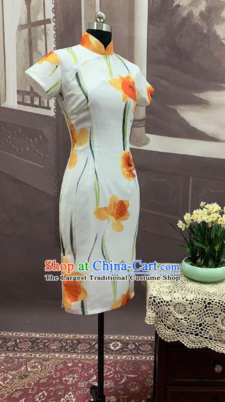 Chinese Classical Printing Flowers Cheongsam Traditional Dance Performance Qipao Dress Costume