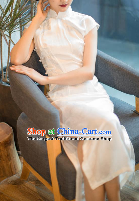 Republic of China Shanghai Beauty White Silk Cheongsam Costume Traditional Minguo Brocade Qipao Dress