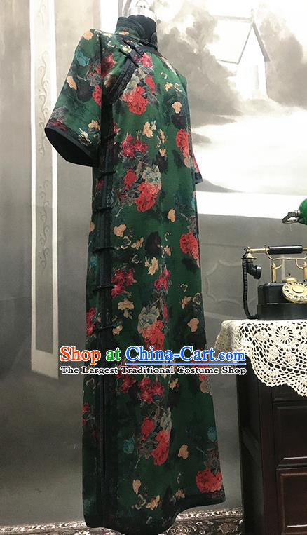 Republic of China Green Gambiered Guangdong Gauze Cheongsam Costume Traditional Minguo Mandarin Sleeve Qipao Dress
