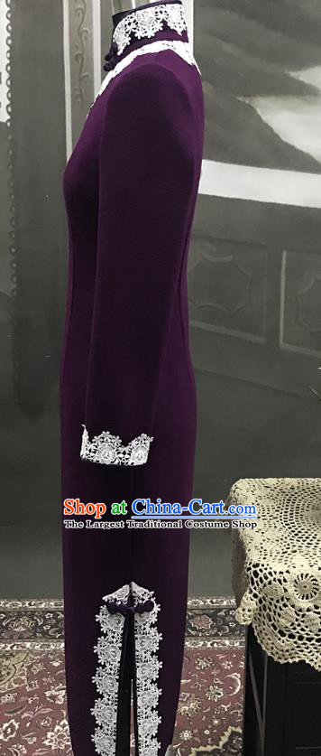 Republic of China Middle Age Woman Cheongsam Costume Traditional Minguo Purple Woolen Qipao Dress