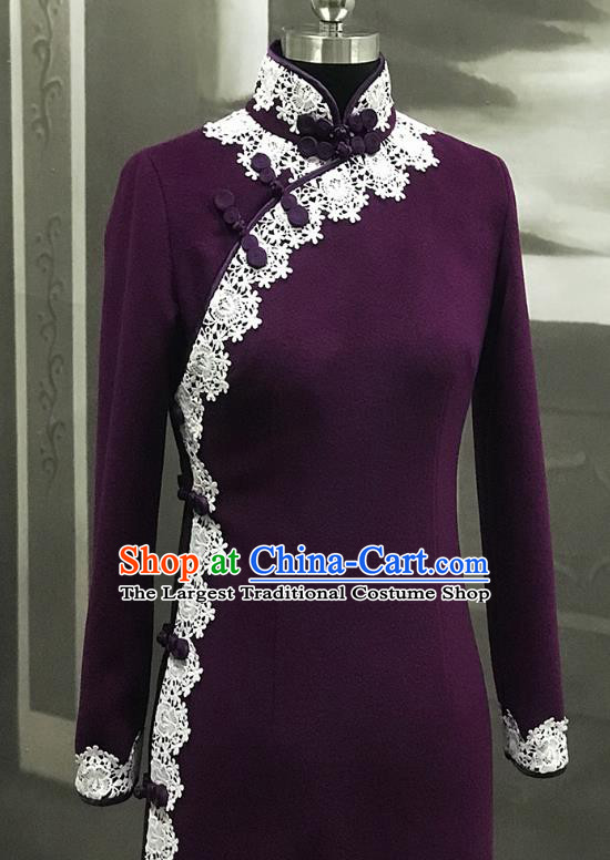 Republic of China Middle Age Woman Cheongsam Costume Traditional Minguo Purple Woolen Qipao Dress