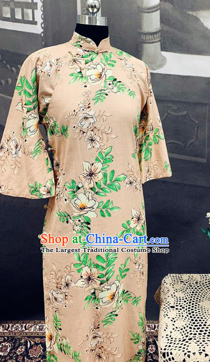 Republic of China Mandarin Sleeve Cheongsam Costume Traditional Minguo Printing Beige Flax Qipao Dress