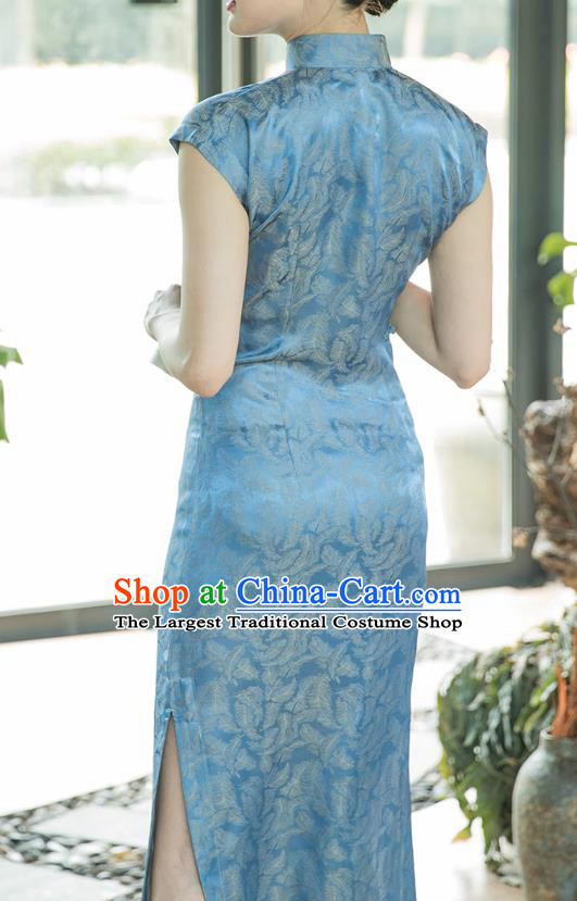 Republic of China Silk Cheongsam Costume Traditional Minguo Jacquard Blue Brocade Qipao Dress